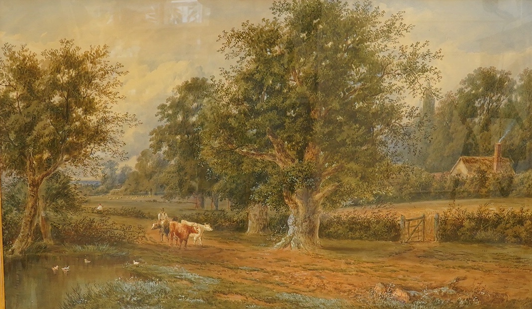 A large 19th century, heightened watercolour, ‘Near Godalming’, indistinctly signed S. Shepard?, 76 x 125cm, ornate gilt frame. Condition - fair, some losses to the frame